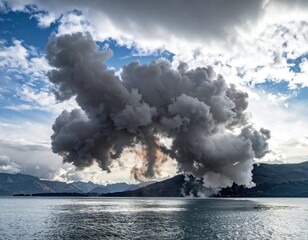 Fototapeta premium Dramatic Eruption Cloud Over Calm Water and Scenic Mountainscape