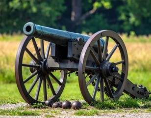 Historical Cannon on Display in Landscape Background with Grass