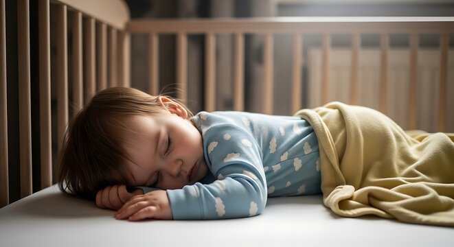 Baby sleeping peacefully in crib with soft blanket and natural light