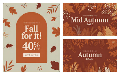 Modern Fall & Mid-Autumn Sale Banners: Promotional Template Set with Abstract Autumn Leaves and Earthy 
