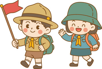 Cute boy and girl scouts walking with backpacks and flag, outdoor adventure kids cartoon illustration for camping and education vector art.