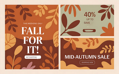 Fall & Mid-Autumn Sale Banners: Promotional Template Set with Abstract Autumn Leaves and Earthy Color Palette