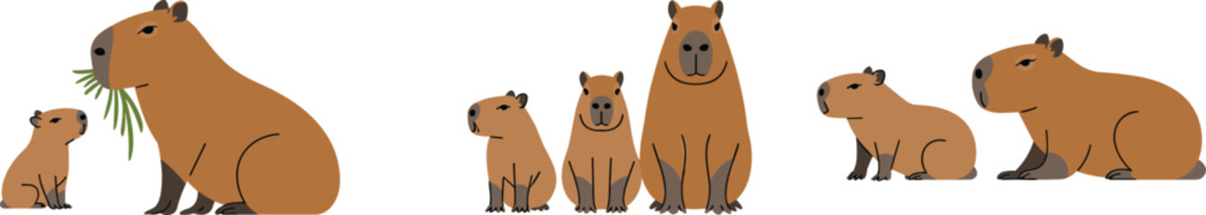 Cute capybara family illustration with adults and babies sitting and eating grass, flat vector animal design for nature and wildlife concepts.