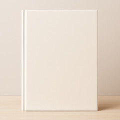 Blank hardcover book with clean minimalist cream cover standing upright on wooden surface with neutral background for mockup and publishing design