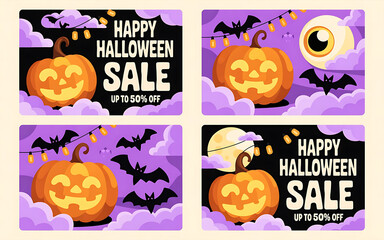 Spooky Halloween Sale Banner Templates: Horizontal Design Set with Happy Pumpkin, Bats, Floating Eyeball, and Purple Clouds Background