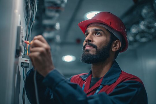 Male electrician working on wires wearing red safety helmet
