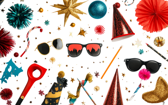 Fun collection of New Year party accessories including glitter hats eyewear and playful props for photos isolated on white background PNG