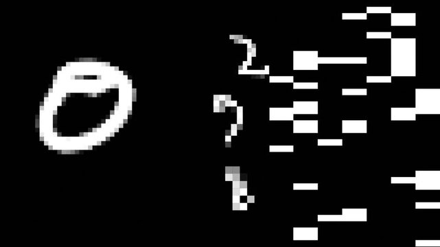 Abstract AI powered handwriting and text recognition concept with pixelated numbers on black background, pixel blur effect