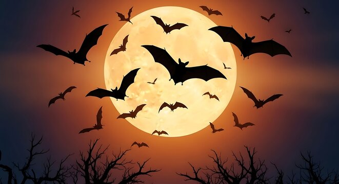 Bats silhouetted against a full moon in a dark night sky illustration
