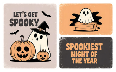 Retro Engraving Style Halloween Graphics: Spooky Ghost in Witch Hat with Pumpkins and Themed Typography Design Set