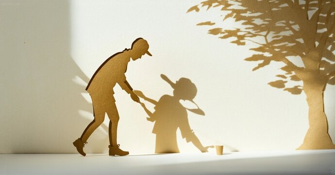 Paper cutouts depict father teaching child painting. Warm lighting creates strong shadows, suggesting intimacy, growth. Simple design evokes tenderness.