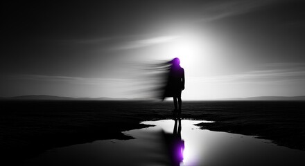 A mysterious silhouette of a woman with blurred purple hair stands alone in a stark, black and white landscape.