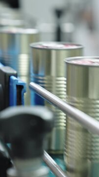 Tomato sauce cans on a conveyor belt in a canned food production facility