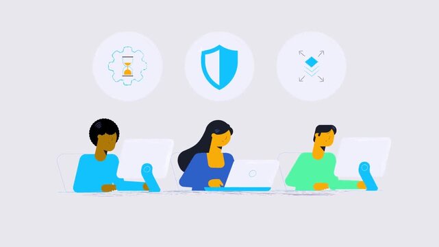 Secure team collaboration animation showing people working safely online with data protection and privacy