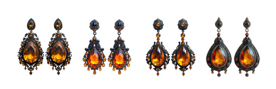 A collection of antique amber earrings with intricate metalwork, displayed individually on a pure transparent background for clarity and detail