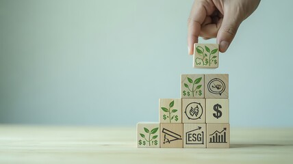 Building blocks with esg icons signify growth and sustainable investment strategy