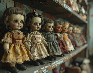 Antique Dolls Displayed on Wooden Shelves in Rustic Setting