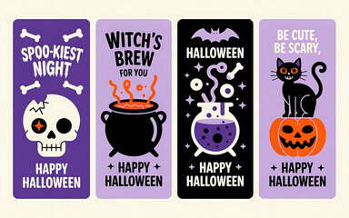 Cute Vertical Halloween Bookmarks: Skull, Witch's Cauldron, Magic Potion, and Black Cat on Pumpkin Tag Set for Spooky Night