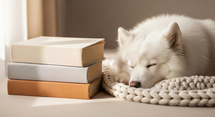 Sleeping dog next to a stack of books on cozy blanket  