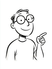 Friendly cartoon man with glasses smiling and pointing in a sketch style against a white background