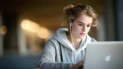 female student using AI-powered math tutor app on laptop muted chime self-learning digital innovation education cinematic color correction, gentle backlight, clean negative space, high quality