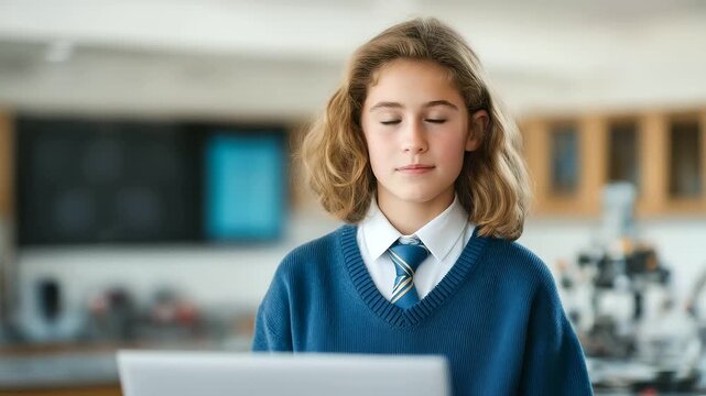 female student presenting her robotics project at school science fair soft applause empowerment innovation pride cinematic color correction, gentle backlight, clean negative space, high quality