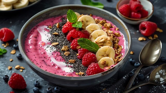 A delicious smoothie bowl with raspberries bananas chia seeds and granola on a dark textured surface - Powered by Adobe