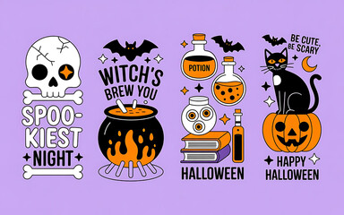  Halloween Illustrations: Skull, Witch's Brew Cauldron, Magic Potions, and Black Cat on Pumpkin Graphic Set