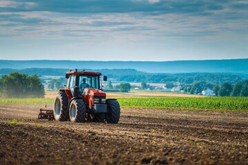 Obraz premium Farmer driving red tractor on farmland with rural landscape