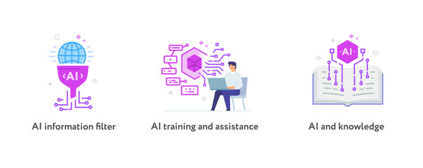 Set of illustrations concept with businessmen. technology, partnership, artificial intelligence business robot, cybes. linear illustration Icons infographics. Landing page site print poster. Line