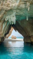 Sea cave with turquoise water and light shining through rocky archway