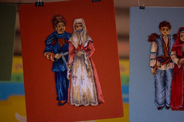 Handmade souvenir of Kazakhstan ethnic culture at fair.