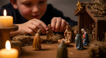 Child plays with Nativity scene, arranging figurines around manger, a serene and reverent representation. Nativity scene features Holy Family, angels, shepherds, illuminating Christmas spirit.