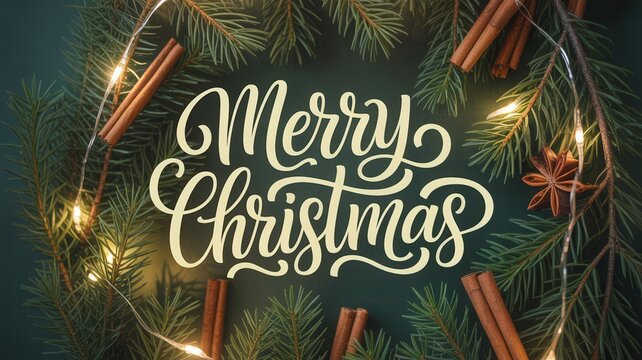 Festive merry christmas handwritten text art surrounded by green fir branches and glowing warm fairy lights