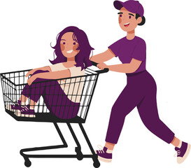 Woman pushing a shopping cart with another woman inside on a light blue background with shapes