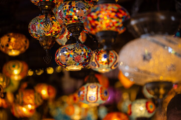Turkey. Market with many traditional colorful handmade turkish lamps and lanterns. Lanterns hanging in shop for sale. Popular souvenirs from turkey.