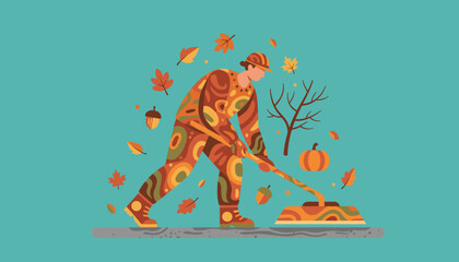 Illustration of a person sweeping autumn leaves and debris with a shovel or rake
