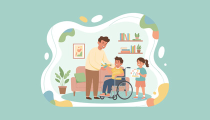 Illustration of a loving father giving a toy airplane to his disabled son in a wheelchair