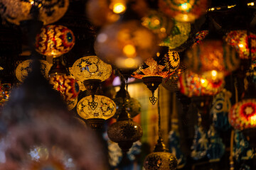 Turkey. Market with many traditional colorful handmade turkish lamps and lanterns. Lanterns hanging in shop for sale. Popular souvenirs from turkey.