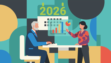 Business planning meeting for 2026 Professionals analyze financial charts and calendar data