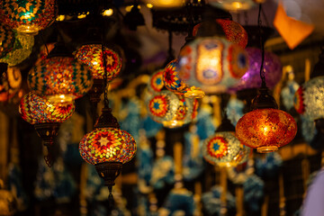 Turkey. Market with many traditional colorful handmade turkish lamps and lanterns. Lanterns hanging in shop for sale. Popular souvenirs from turkey.