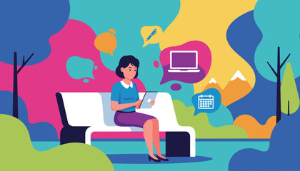 Fototapeta premium Professional woman using tablet for remote work in a colorful park illustration