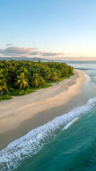 Tropical beach with turquoise waves and golden sand under soft morning light