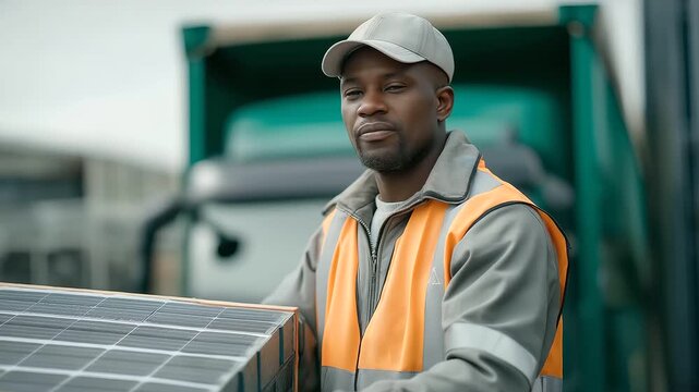 male construction worker unloading solar panels from truck at site muted clatter green industry development teamwork cinematic color correction, gentle backlight, clean negative space, high quality