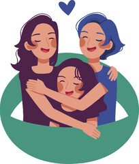 Three cartoon women hugging inside a green loop with a blue heart above them on a light background
