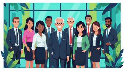 Diverse business team portrait in a modern office with greenery showcasing corporate leadership and professionalism