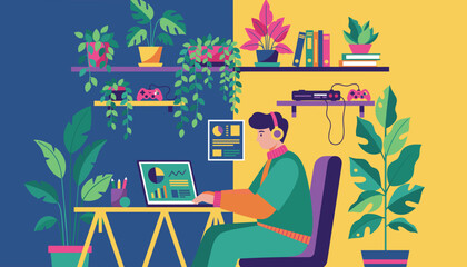Man working from home on a laptop in a vibrant plantfilled modern workspace Worklife balance
