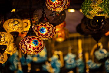 Turkey. Market with many traditional colorful handmade turkish lamps and lanterns. Lanterns hanging in shop for sale. Popular souvenirs from turkey.