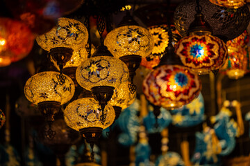 Turkey. Market with many traditional colorful handmade turkish lamps and lanterns. Lanterns hanging in shop for sale. Popular souvenirs from turkey.