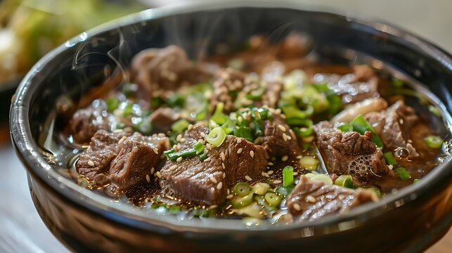 A bowl of steaming korean galbitang beef short rib soup garnished with green onions on a wooden surface